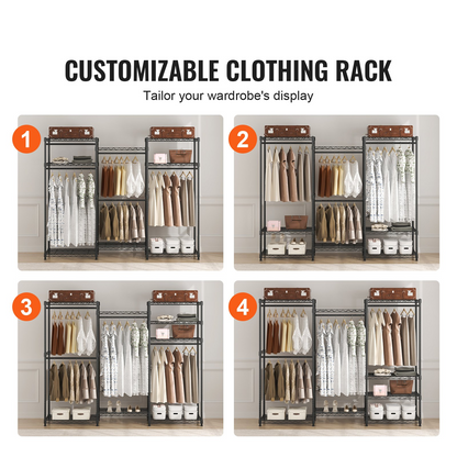 VEVOR Heavy Duty Clothes Rack, Rolling Clothing Garment Rack with 4 Hang Rods & 8 Storage Tiers, Adjustable Custom Closet Rack, Freestanding Wardrobe for Hanging Clothes, 362.9kg Load Capacity