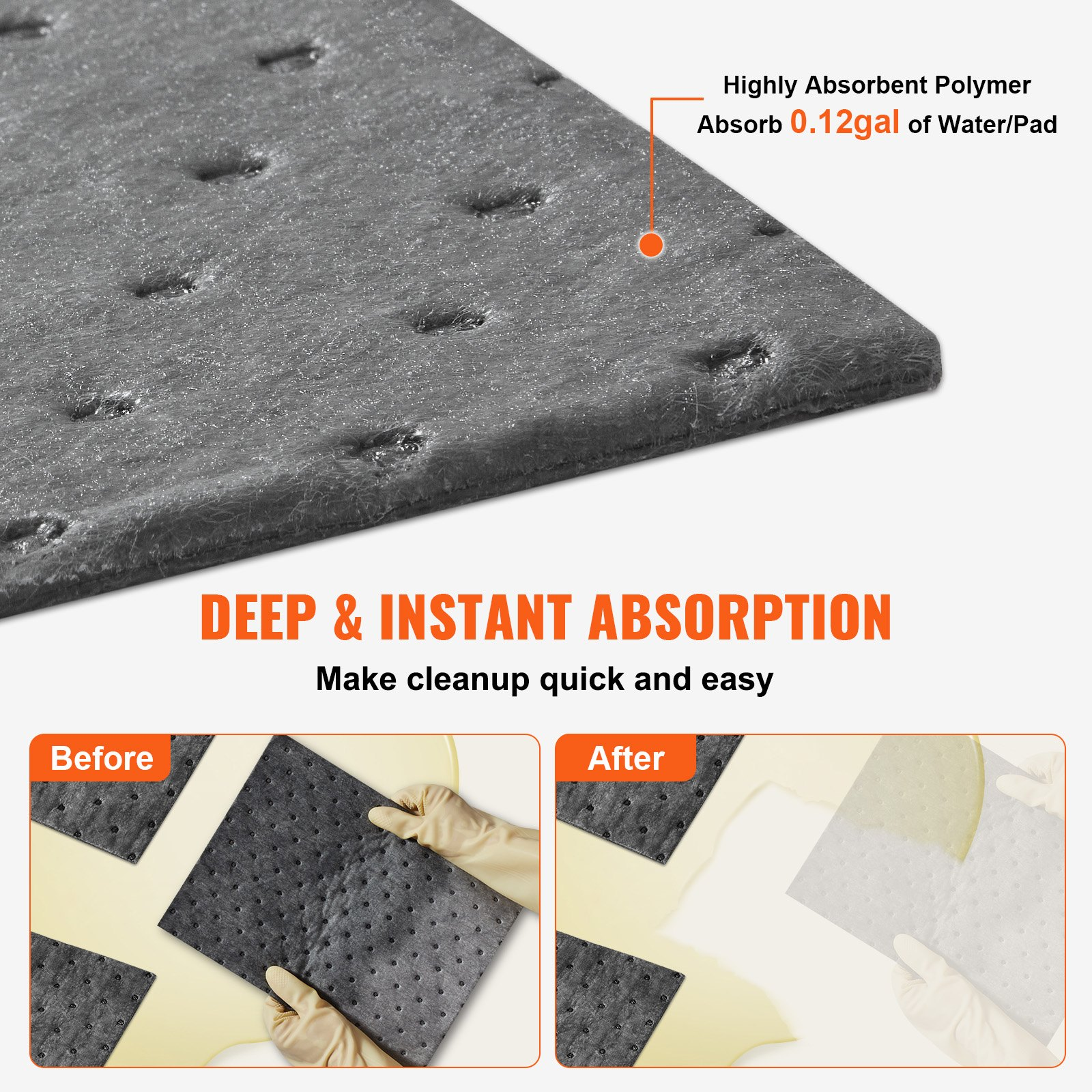 VEVOR Spill Absorbent Pads, Universal Absorbing Mat Absorbs up 45.4 L, 330 x 250 mm Polypropylene Absorbent Pad for Oil, Water and Other Liquids, Pack of 100