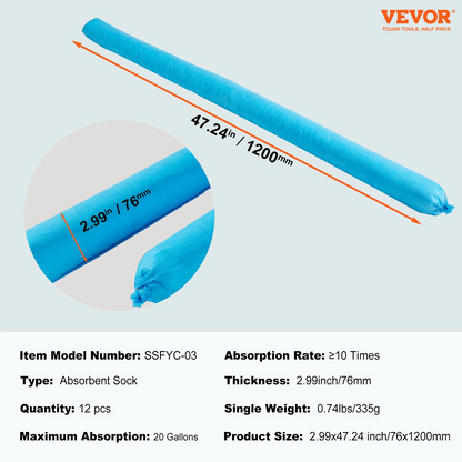 VEVOR Universal Absorbent Sock Water Absorbing Snake 20 Gal 12 pcs 76 x1200 mm