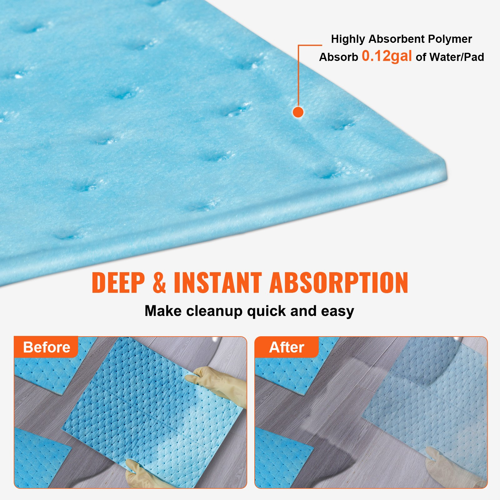 VEVOR Spill Absorbent Pads, Water Absorbing Mat Pad in Dispenser Box, 22.7L Capacity, 380 x 480 mm Polypropylene Absorbent Pad for Water, 30 pcs per Box