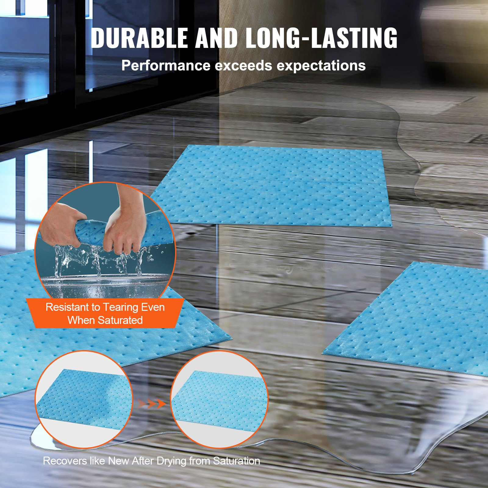 VEVOR Spill Absorbent Pads, Water Absorbing Mat Pad in Dispenser Box, 22.7L Capacity, 380 x 480 mm Polypropylene Absorbent Pad for Water, 30 pcs per Box