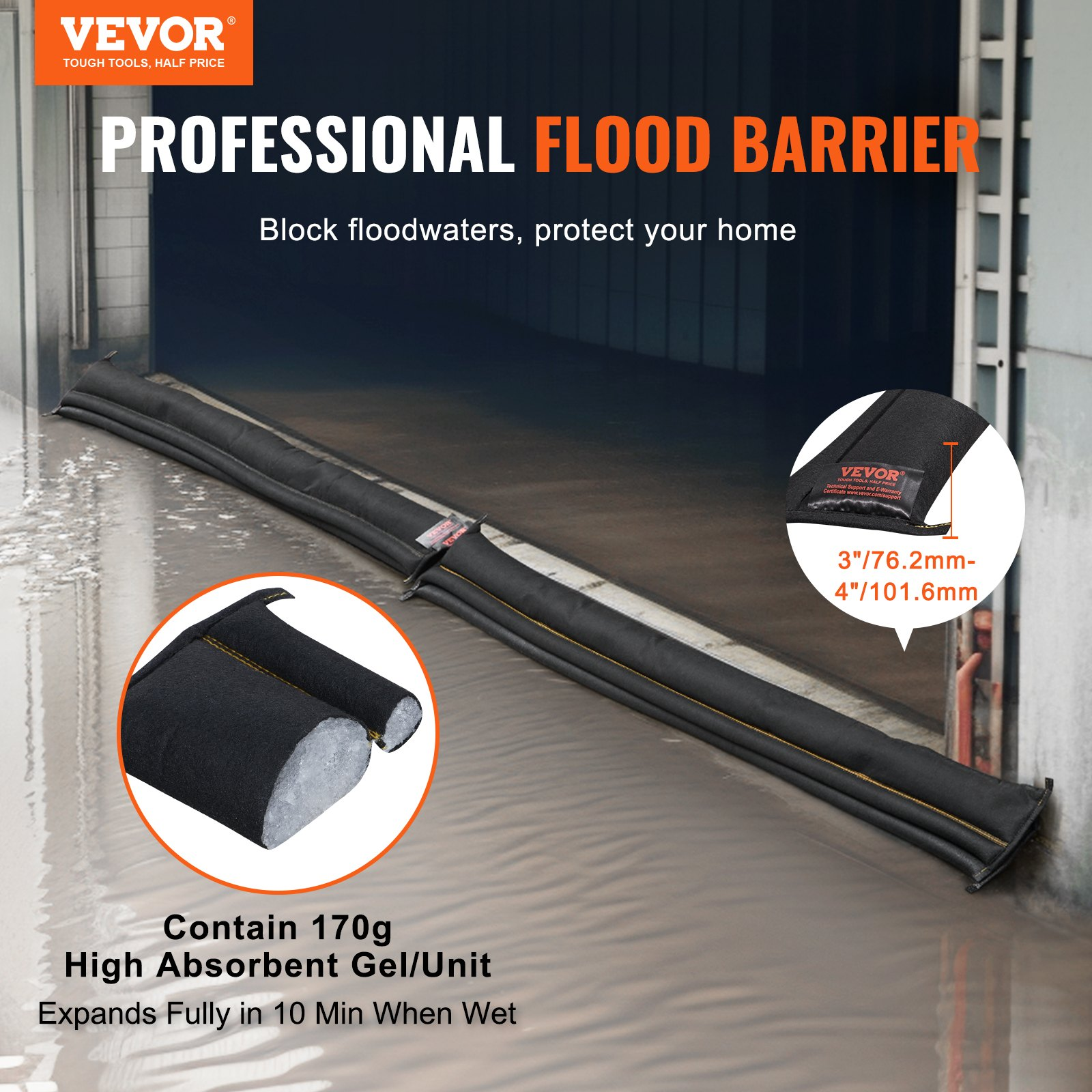 VEVOR Flood Barriers, Water Flood Dam Bags 10 Pack, Water Barriers for Flooding with Plastic Bucket, Water Activated Flood Barriers for Home, Doorway, Driveway(1530 x155 mm)