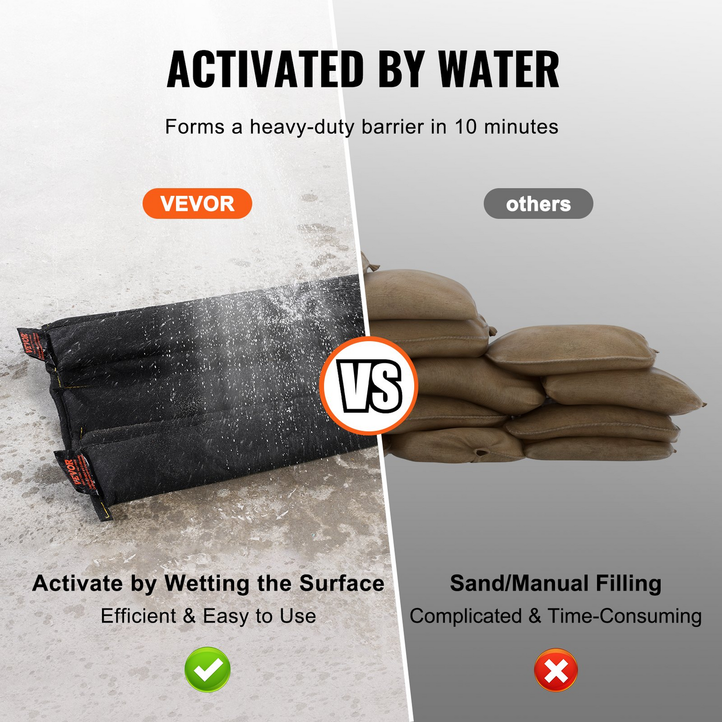VEVOR Flood Barriers, Water Flood Dam Bags 10 Pack, Water Barriers for Flooding with Plastic Bucket, Water Activated Flood Barriers for Home, Doorway, Driveway(1530 x155 mm)