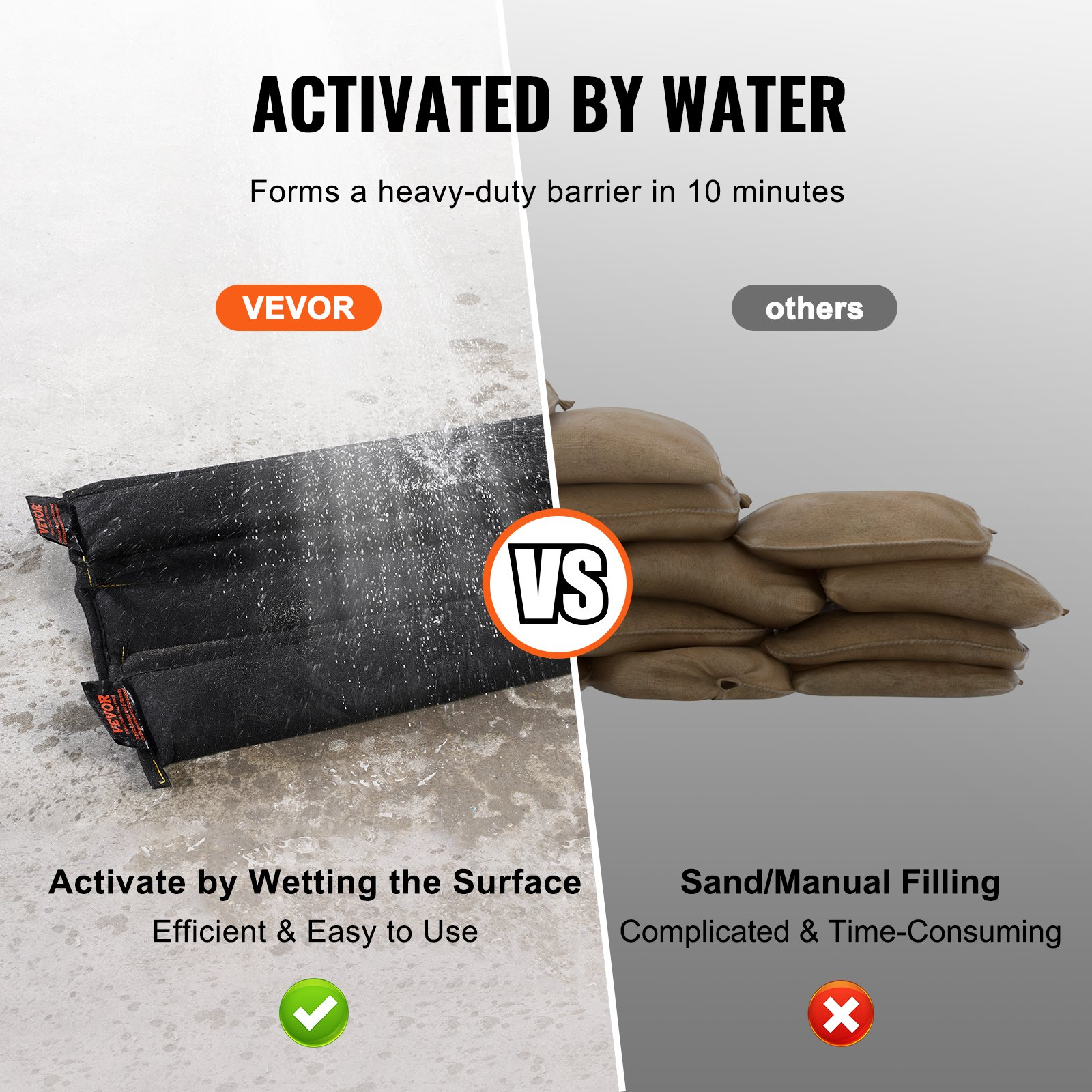 VEVOR Flood Barriers, Water Flood Dam Bags 10 Pack, Water Barriers for Flooding with Plastic Bucket, Water Activated Flood Barriers for Home, Doorway, Driveway(1530 x155 mm)