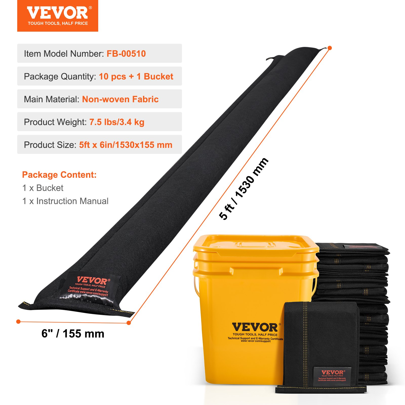 VEVOR Flood Barriers, Water Flood Dam Bags 10 Pack, Water Barriers for Flooding with Plastic Bucket, Water Activated Flood Barriers for Home, Doorway, Driveway(1530 x155 mm)