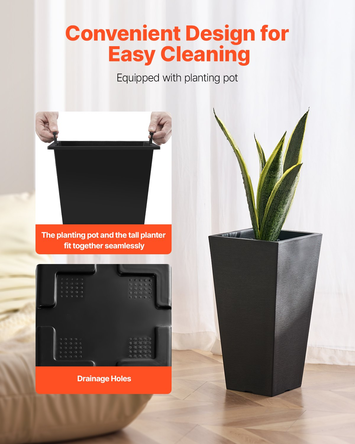 VEVOR Tall Planter Set of 2 Square Tapered Planters 22 in for Outdoor Indoor