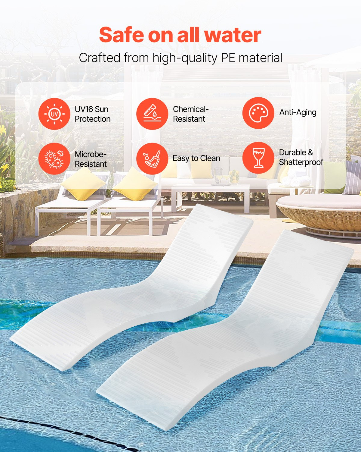VEVOR In-Pool Lounge Chairs 2 Pcs Chaise Lounger Inside Pool Sun Shelf Lounger