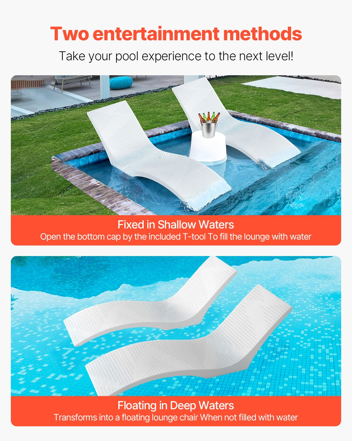 VEVOR In-Pool Lounge Chairs 2 Pcs Chaise Lounger Inside Pool Sun Shelf Lounger
