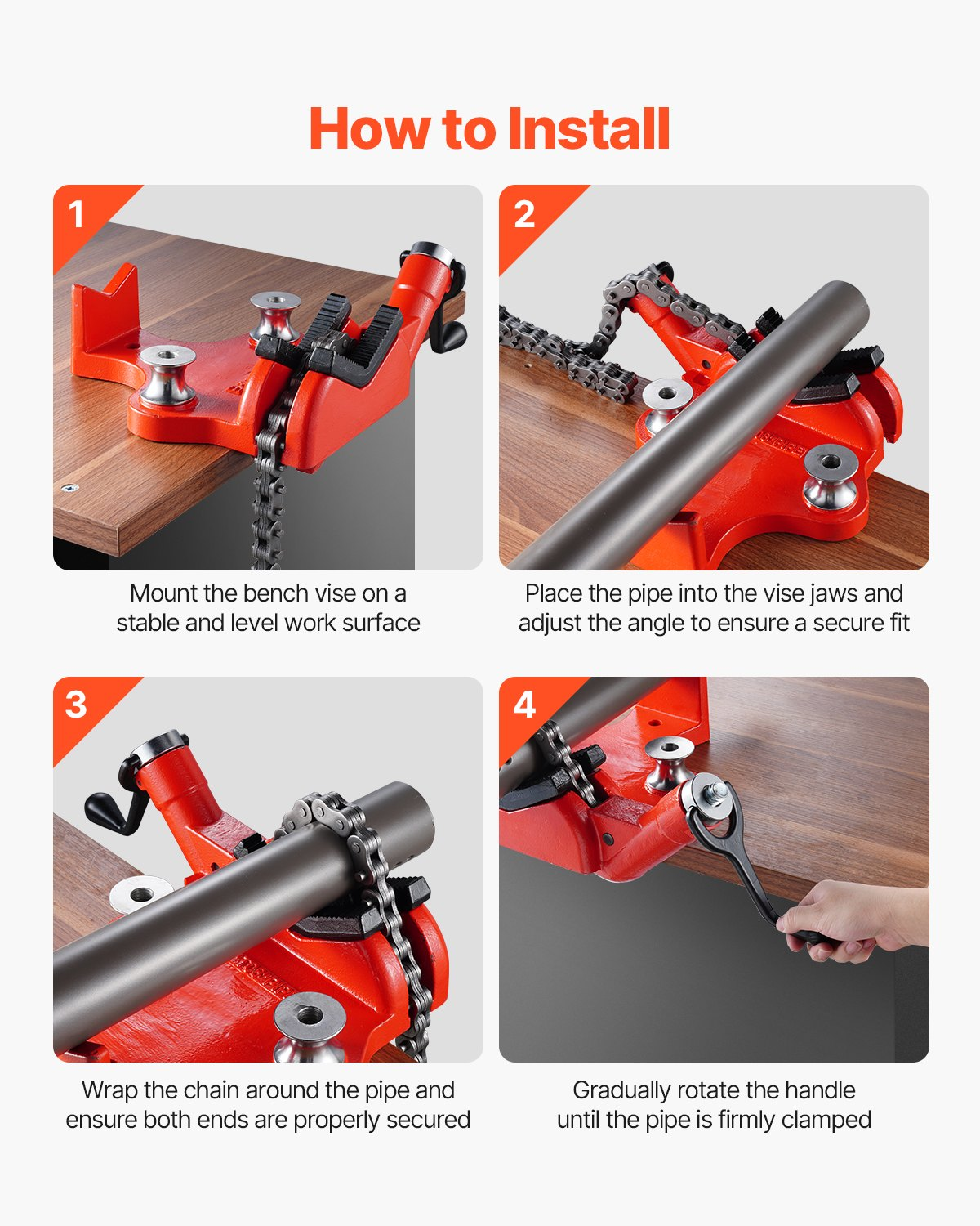 Screw Bench Chain Vise 1/2 to 8 inch Capacity Heavy Duty Chain Pipe Vise
