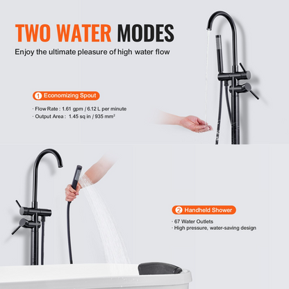 VEVOR Freestanding Bathtub Faucet, Floor Mount, Freestanding Tub Filler, Shower Mixer Taps, Two Water Modes, 360° Swivel Spout, for Bathing & Showering Pet Bathing Cleaning Drains Toilet Flushing