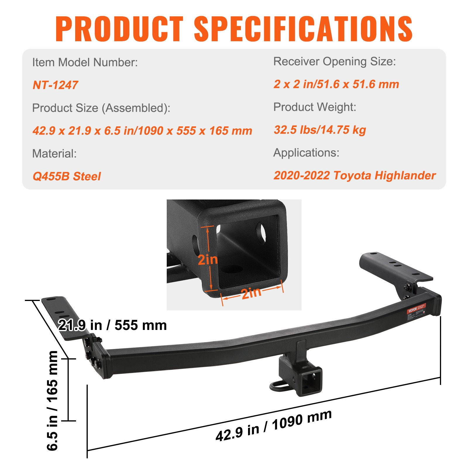 VEVOR Class 3 Trailer Hitch, 2-Inch Receiver, Q455B Steel Tube Frame, Compatible with 2020-2023 Toyota Highlander, Multi-Fit Hitch to Receive Ball Mount, Cargo Carrier, Bike Rack, and Tow Hook, Black