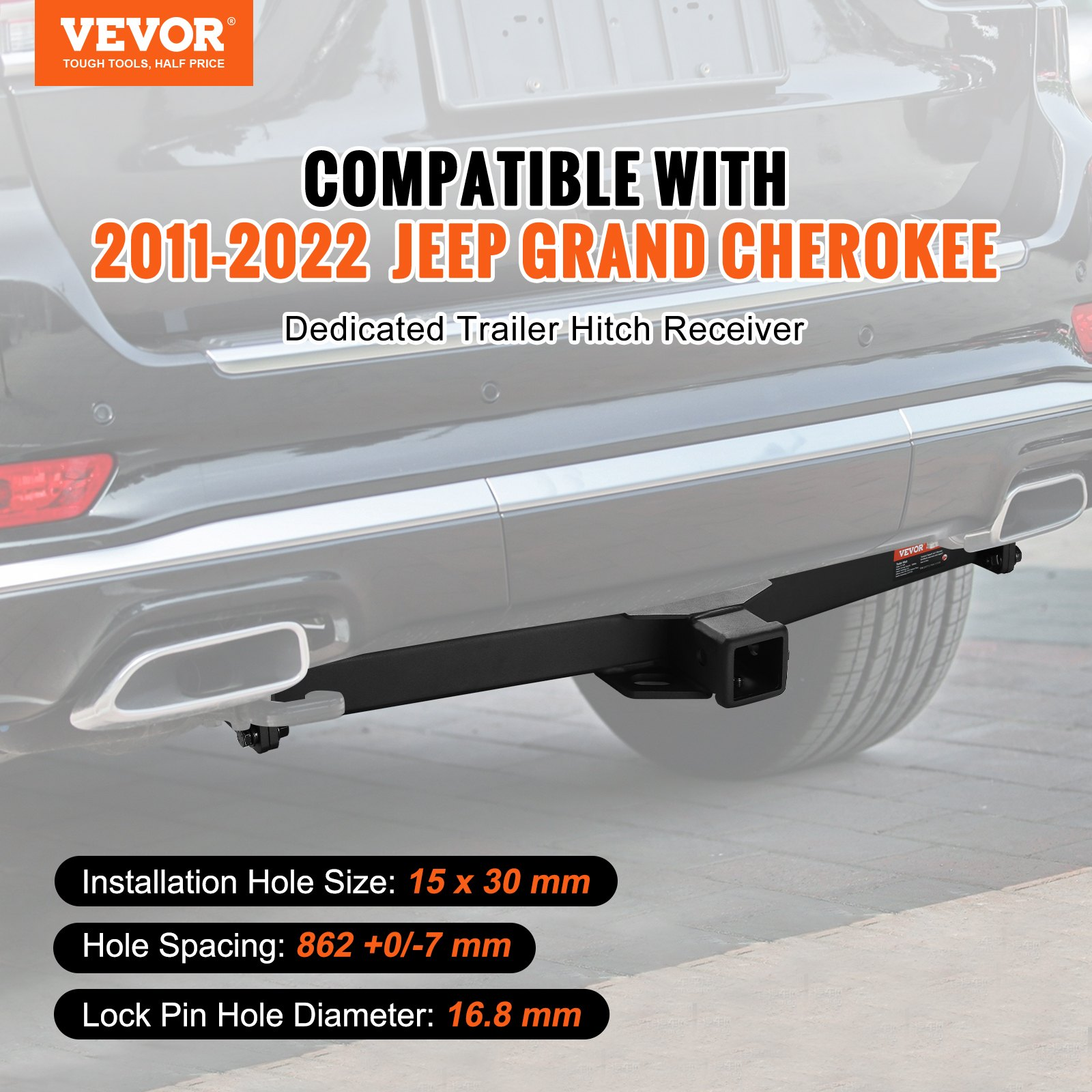 VEVOR Class 3 Trailer Hitch, 2-Inch Receiver, Q455B Steel Tube Frame, Compatible with 2011-2023 Jeep Grand Cherokee, Multi-Fit Hitch to Receive Ball Mount, Cargo Carrier, Bike Rack, Tow Hook, Black