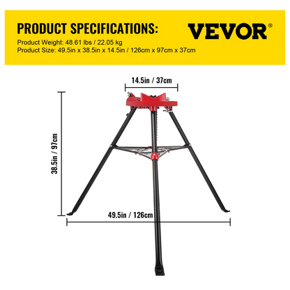VEVOR Chain Vise with Tripod Stand | 3.2 to 152 mm Pipe Capacity | 600 kg Loading Capacity | Portable Stand with Folding Legs and Tool Tray | Ideal for Plumbing and Pipe Work