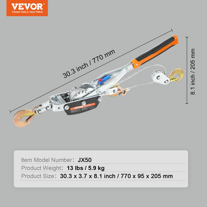 VEVOR Come Along Winch, 5 Ton (5,000 kg) Pulling Capacity, 3.5 m Steel Cable, 3 Hooks, Heavy Duty Ratchet Power Puller Tool with Dual Gears, Automotive Hoist Cable Puller Ideal for Vehicle Rescue
