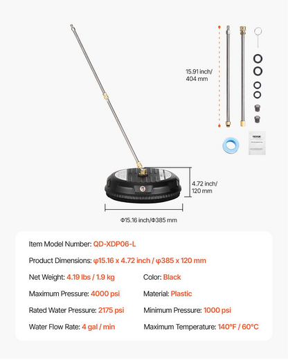 VEVOR 15" Pressure Washer Surface Cleaner 3000 Max PSI Plastic 2 Extended Wands