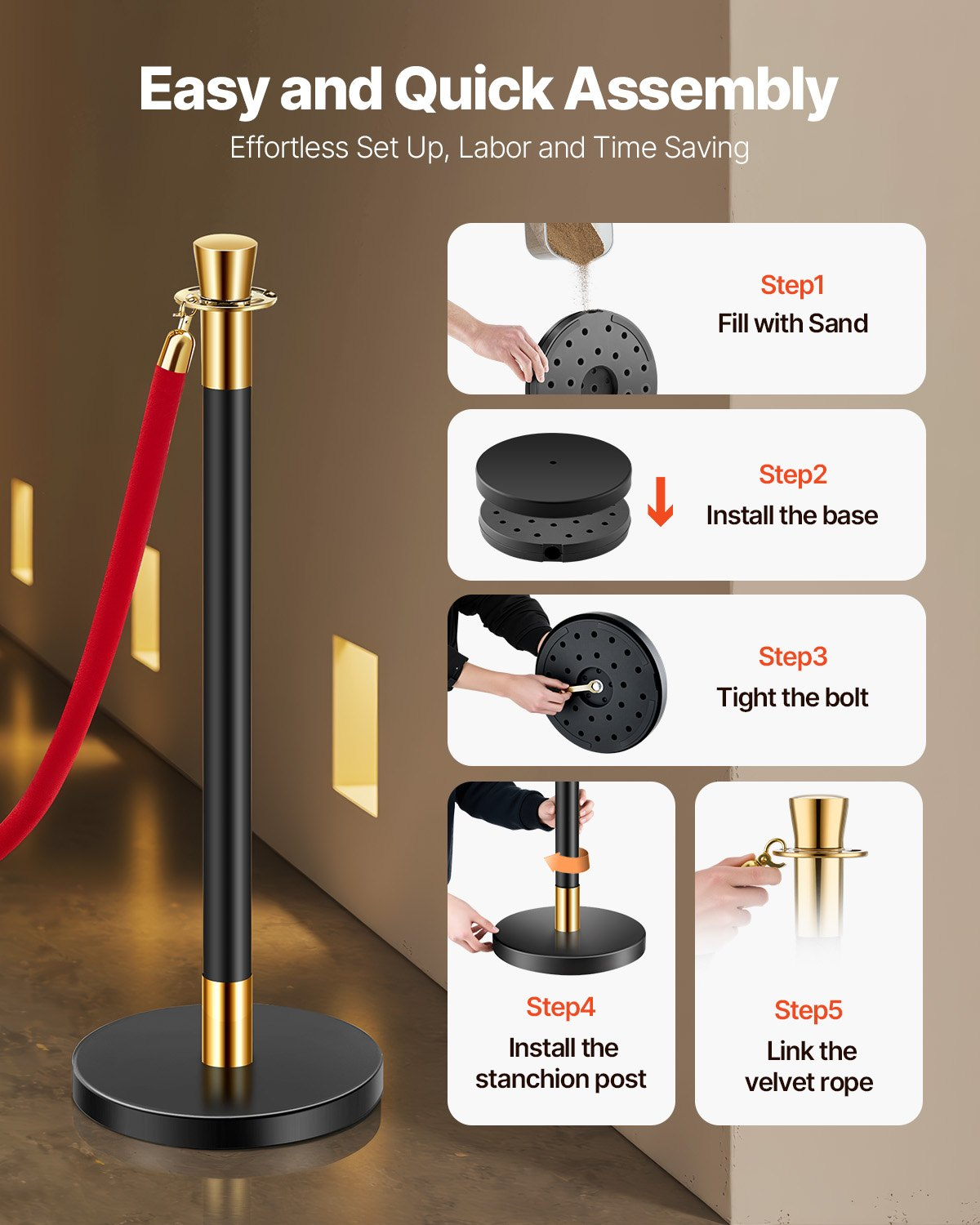 VEVOR 6 Pcs Stanchion Post with 4 Red Velvet Ropes & Sand Injection Hollow Base