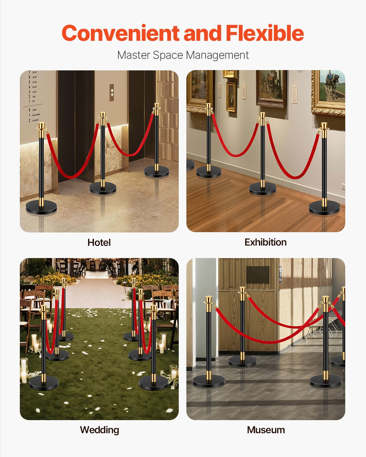 VEVOR 6 Pcs Stanchion Post with 4 Red Velvet Ropes & Sand Injection Hollow Base