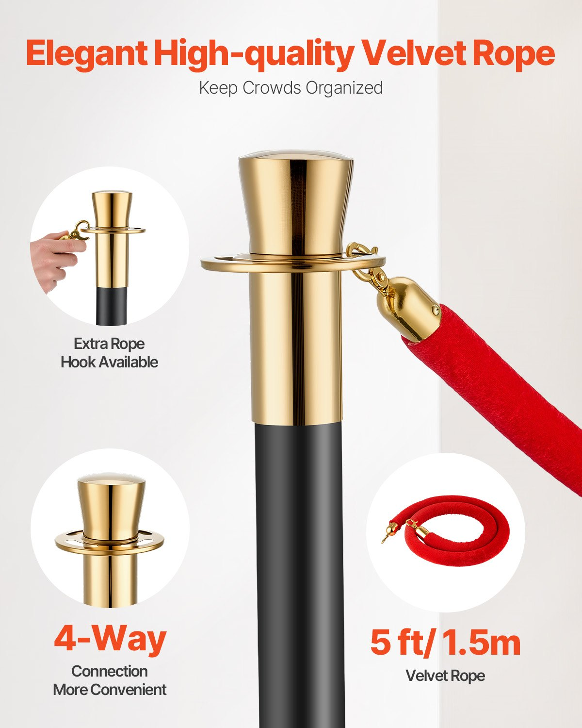 VEVOR 6 Pcs Stanchion Post with 4 Red Velvet Ropes & Sand Injection Hollow Base
