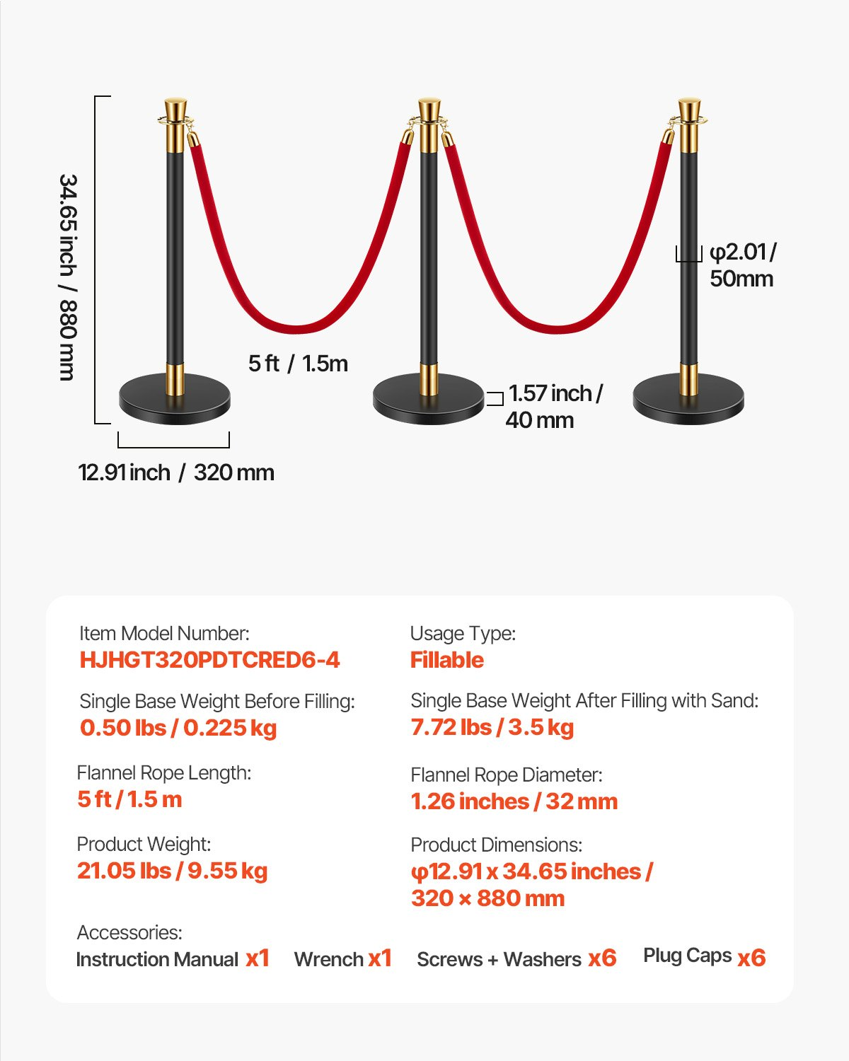 VEVOR 6 Pcs Stanchion Post with 4 Red Velvet Ropes & Sand Injection Hollow Base