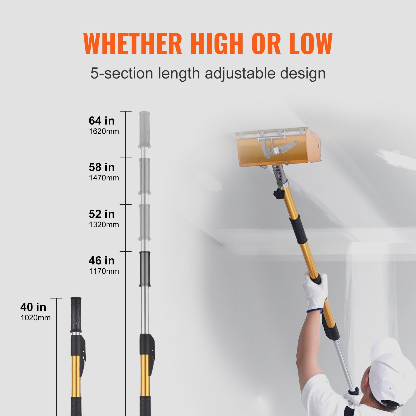 VEVOR Drywall Flat Box Handle, 101.6-1950.7 cm, Anodized Aluminum Flat Finishing Extension Handle, 5-Section Length Adjustable, Non-slip Grip and 360° Painting for Plasterboard, Wallboard, Sheetrock