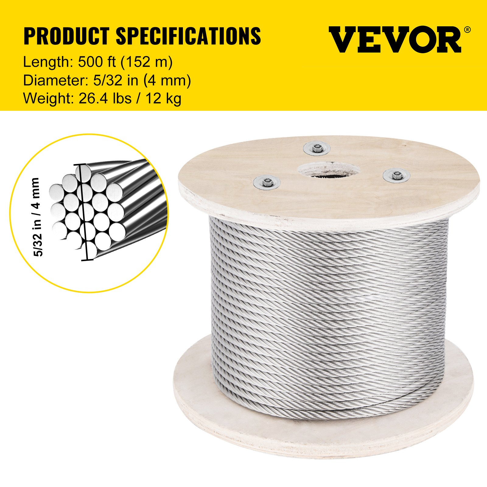 VEVOR 316 Stainless Steel Wire Rope Cable 5/32" 1x19 500 ft reel