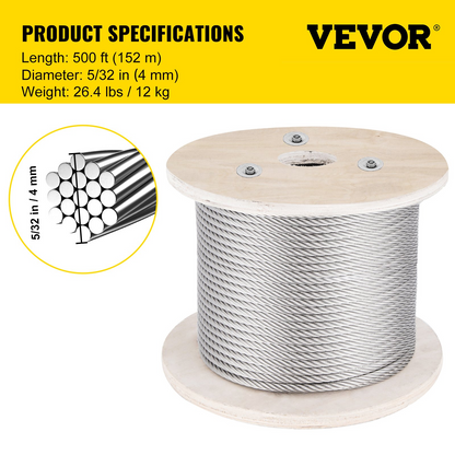 VEVOR 316 Stainless Steel Wire Rope Cable 5/32" 1x19 500 ft reel