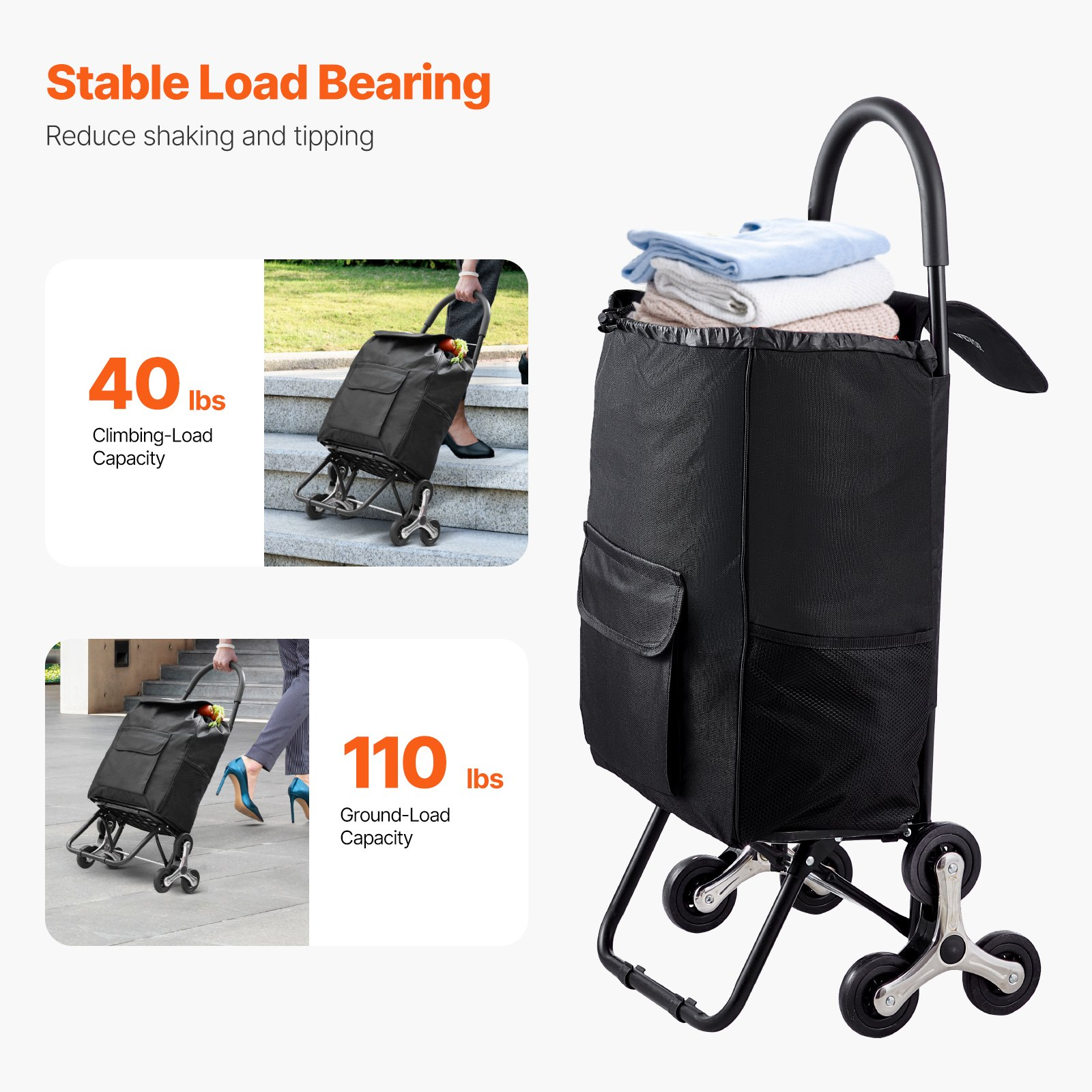 VEVOR Stair Climbing Cart Foldable Shopping Cart 36L with Storage Bag 6 Wheels