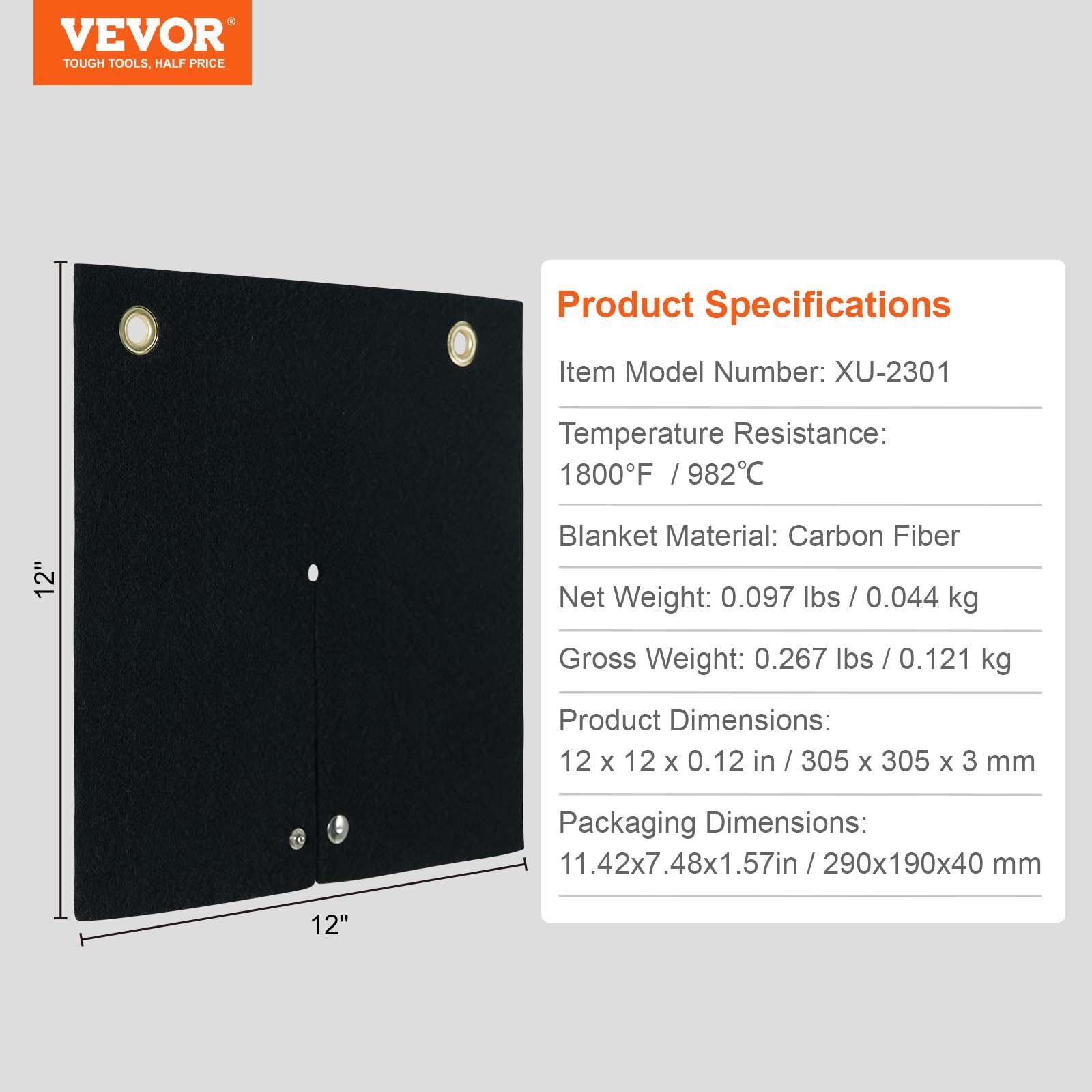 VEVOR Welding Blanket, 305 x 305 mm Carbon Fiber Heat Shield Welding Mat, Up To 1800°F Heat Resistant, Flame Protector Pad Plumbing Hole Propane Torch, Soldering Pad with Metal Grommets for Copper Pipe