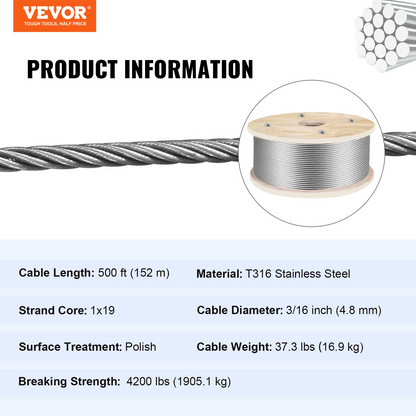 VEVOR 316 Stainless Steel Wire Rope 500ft Length, Steel Wire Cable 3/16 Inch, Steel Cable Railing Decking With 1x19 Strands Construction, 4700lbs Breaking Strength For Stair, Handrail, Clothesline