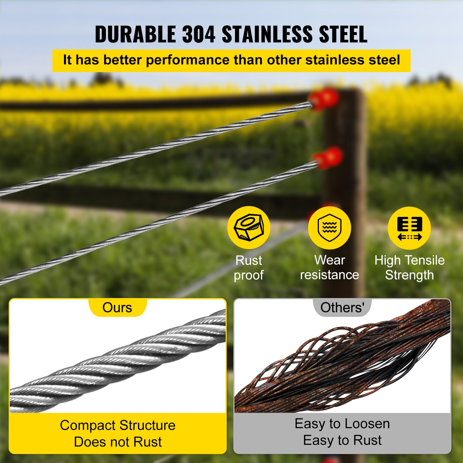 VEVOR 304 Stainless Steel Cable 3/16 Inch 7 X 19 Steel Wire Rope 250Feet Steel Cable for Railing Decking DIY Balustrade