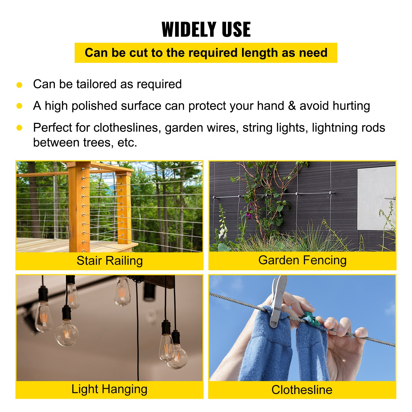 VEVOR 304 Stainless Steel Cable 3/16 Inch 7 X 19 Steel Wire Rope 250Feet Steel Cable for Railing Decking DIY Balustrade