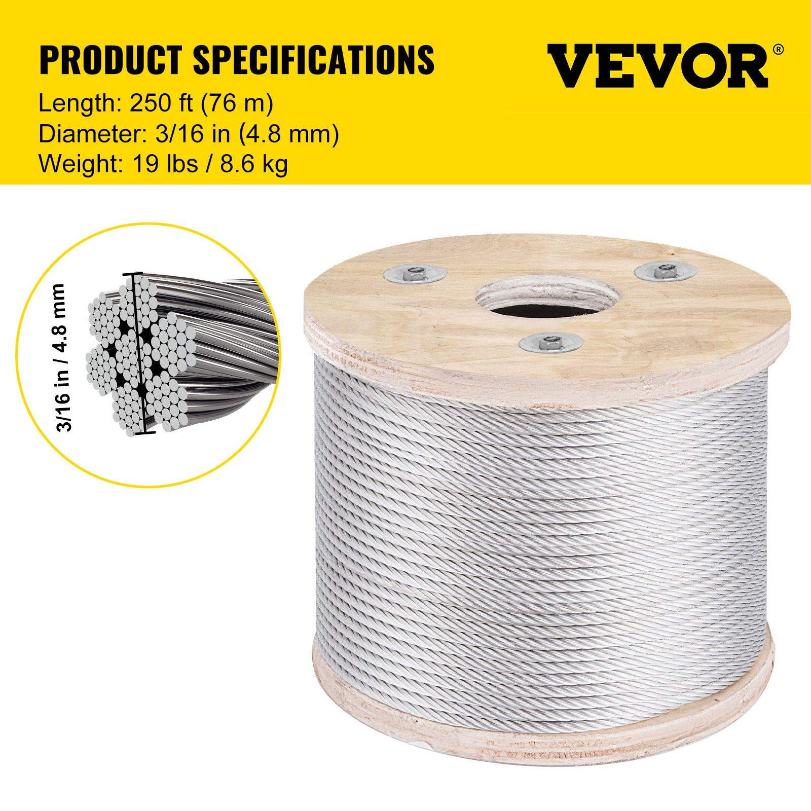 VEVOR 304 Stainless Steel Cable 3/16 Inch 7 X 19 Steel Wire Rope 250Feet Steel Cable for Railing Decking DIY Balustrade