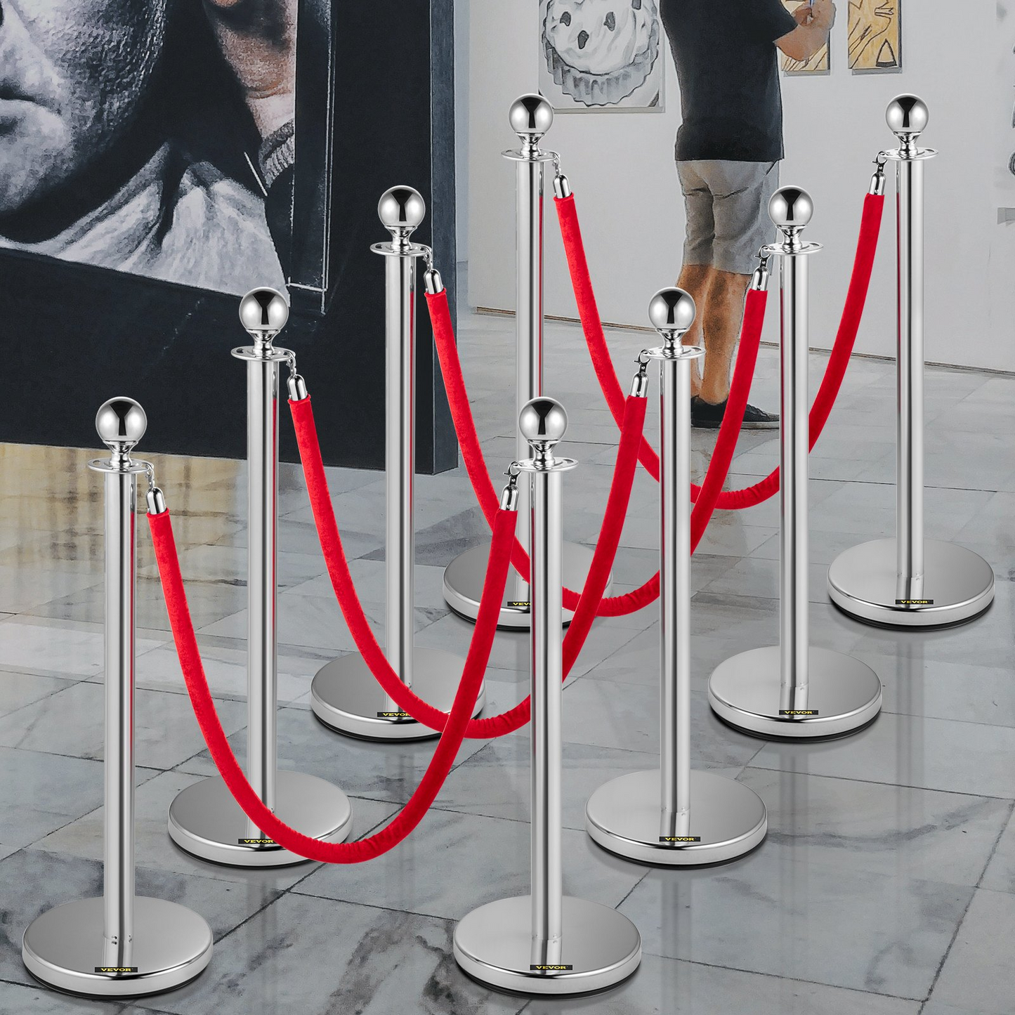 8x Queue Barrier Posts Crowd Control Silver Security Stanchion Divider Set Steel