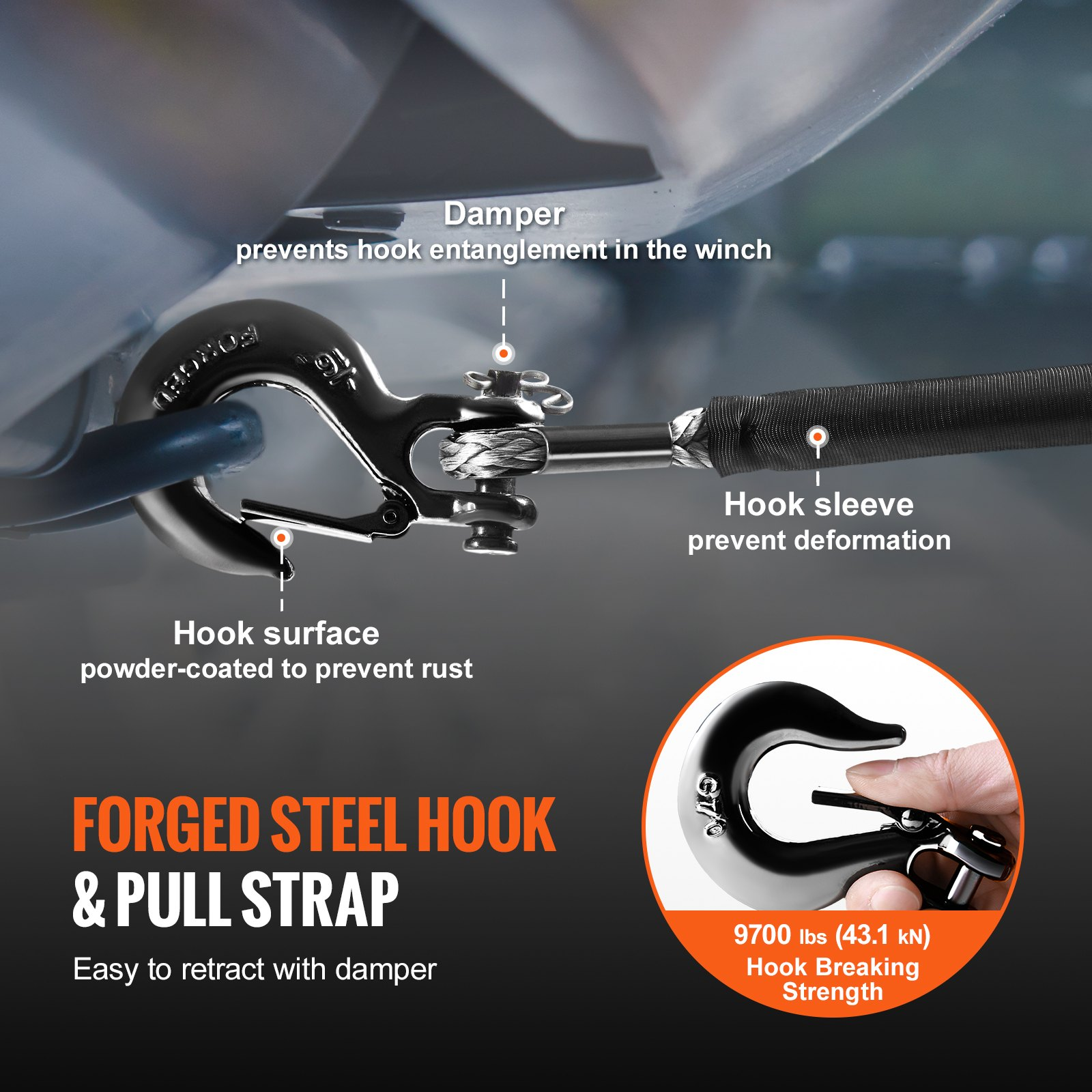 VEVOR Synthetic Winch Rope, 6.35 mm x 15.24 m 4,536 kg Synthetic Winch Line Cable Rope with Protective Sleeve + Stopper + Forged Winch Hook + Pull Strap, Fit for ATV, UTV, Small Vehicle, Pickup