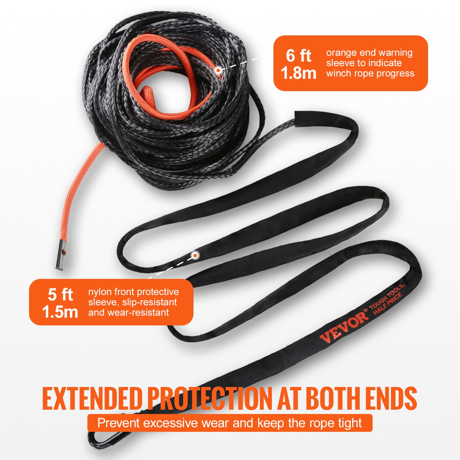 VEVOR Synthetic Winch Rope, 6.35 mm x 15.24 m 4,536 kg Synthetic Winch Line Cable Rope with Protective Sleeve + Stopper + Forged Winch Hook + Pull Strap, Fit for ATV, UTV, Small Vehicle, Pickup