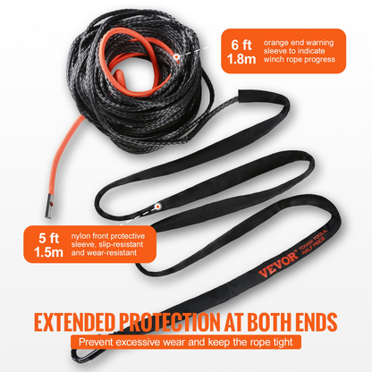 VEVOR Synthetic Winch Rope, 6.35 mm x 15.24 m 4,536 kg Synthetic Winch Line Cable Rope with Protective Sleeve + Stopper + Forged Winch Hook + Pull Strap, Fit for ATV, UTV, Small Vehicle, Pickup