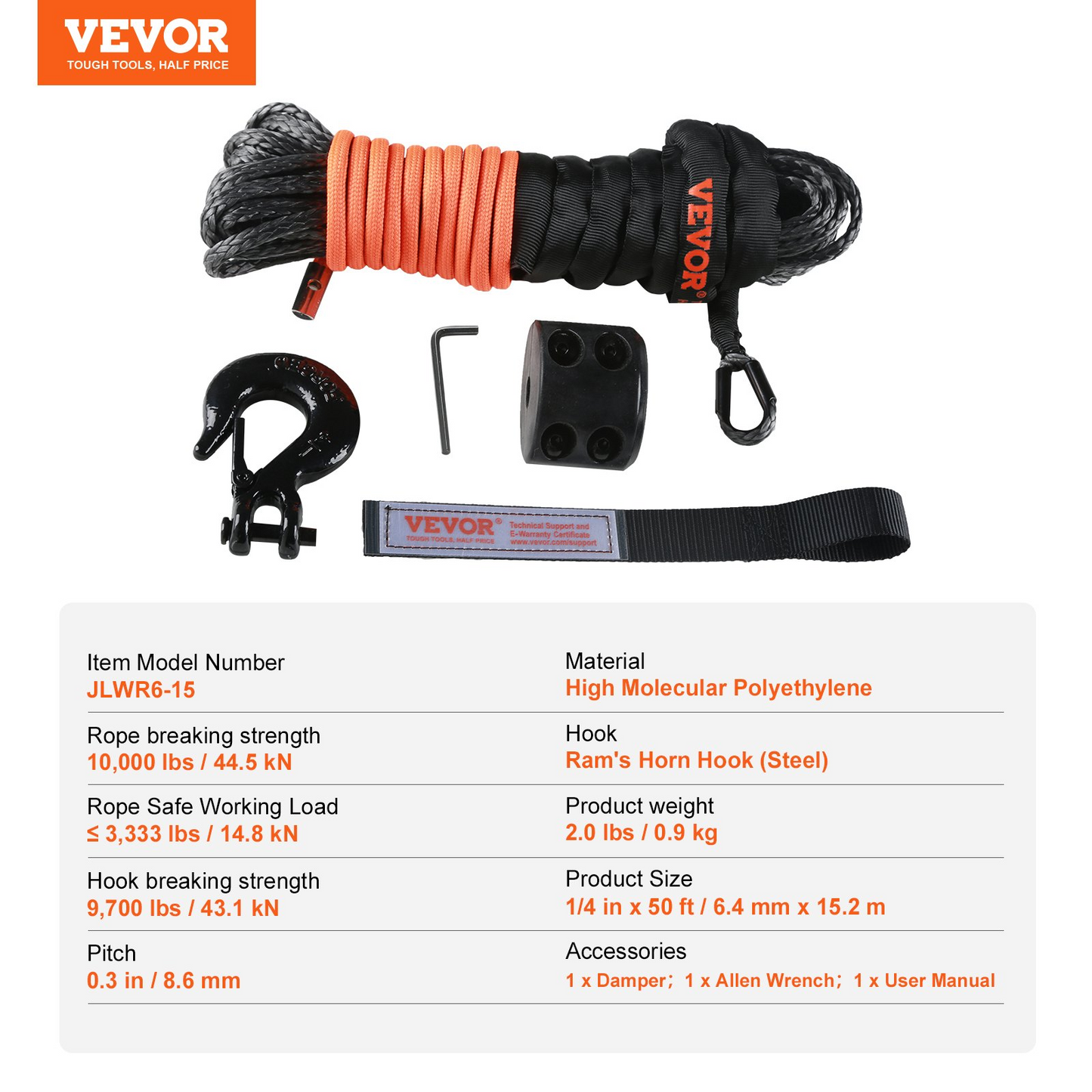 VEVOR Synthetic Winch Rope, 6.35 mm x 15.24 m 4,536 kg Synthetic Winch Line Cable Rope with Protective Sleeve + Stopper + Forged Winch Hook + Pull Strap, Fit for ATV, UTV, Small Vehicle, Pickup