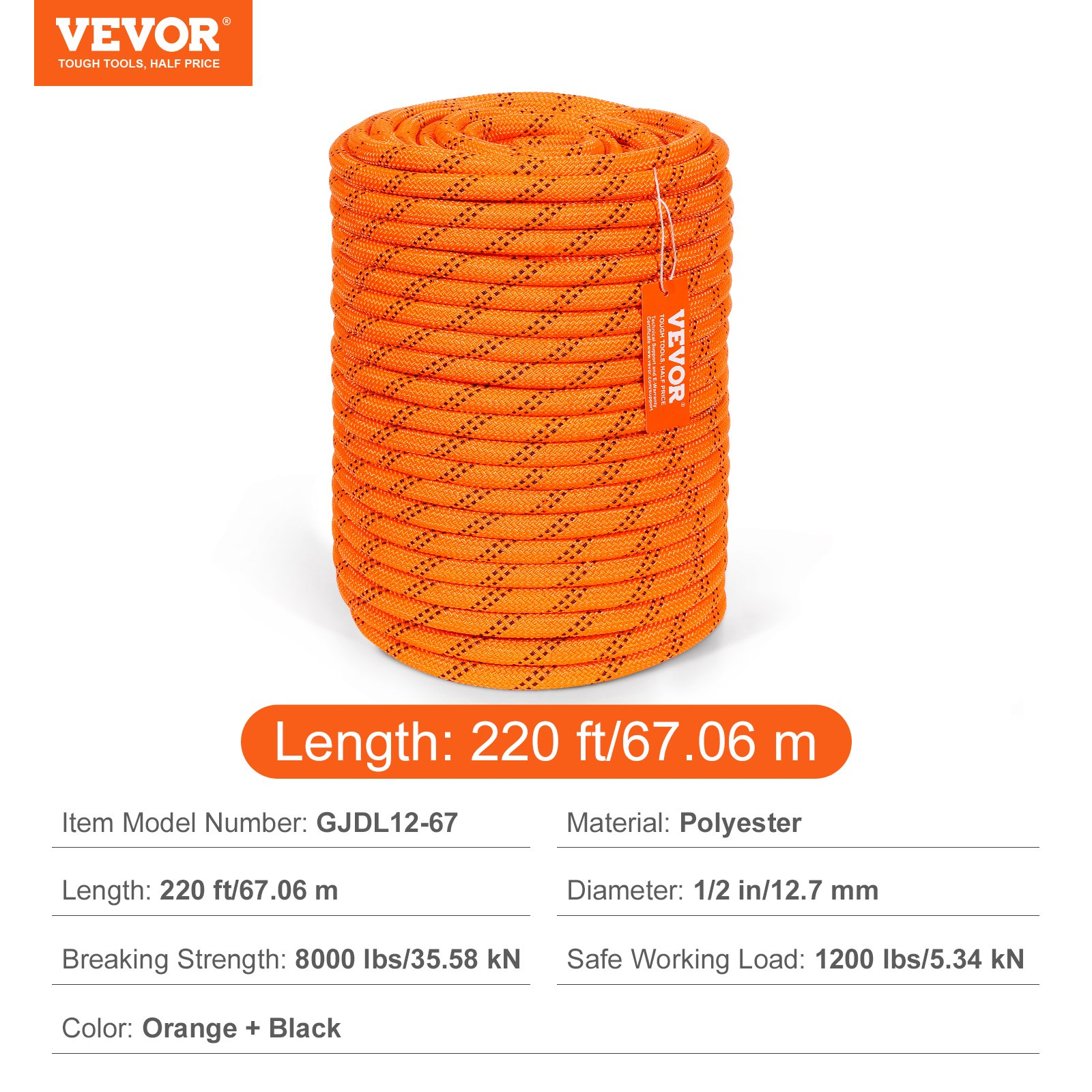 VEVOR Arborist Tree Climbing Rope Double Braid Polyester 1/2"/1.3 cm x 220'/67.1 m 48-Strand