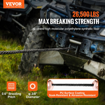 VEVOR Synthetic Winch Rope, 9.5 mm x 25.91 m 12,020 kg Synthetic Winch Line Cable Rope with Protective Sleeve + Forged Winch Hook + Pull Strap, Universal Fit for SUV, Large Off-Road Vehicle, Truck