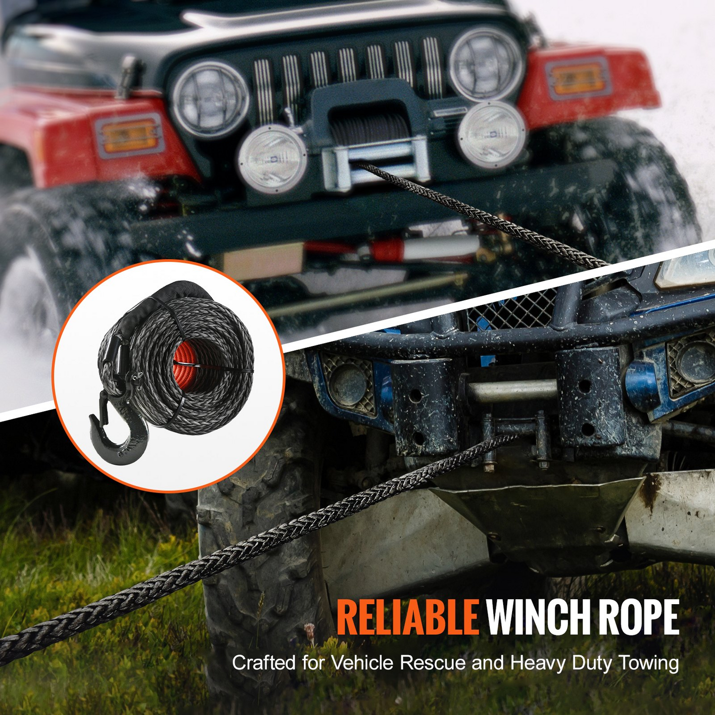 VEVOR Synthetic Winch Rope, 9.5 mm x 25.91 m 12,020 kg Synthetic Winch Line Cable Rope with Protective Sleeve + Forged Winch Hook + Pull Strap, Universal Fit for SUV, Large Off-Road Vehicle, Truck