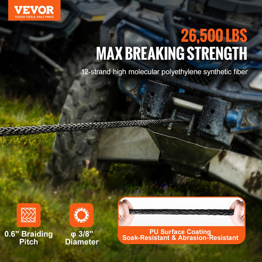 VEVOR Synthetic Winch Rope, 9.5 mm x 30.48 m 12,020 kg Synthetic Winch Line Cable Rope with Protective Sleeve + Forged Winch Hook + Pull Strap, Universal Fit for SUV, Large Off-Road Vehicle, Truck