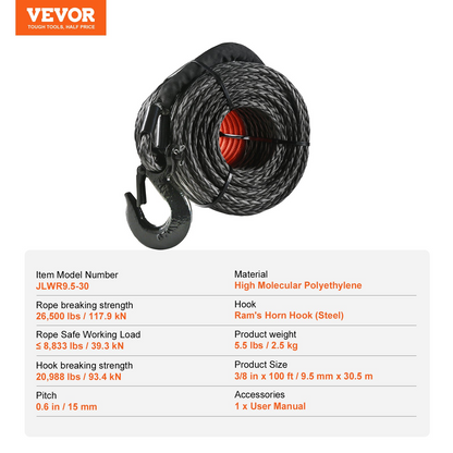 VEVOR Synthetic Winch Rope, 9.5 mm x 30.48 m 12,020 kg Synthetic Winch Line Cable Rope with Protective Sleeve + Forged Winch Hook + Pull Strap, Universal Fit for SUV, Large Off-Road Vehicle, Truck
