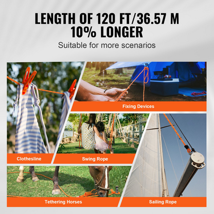 VEVOR Arborist Tree Climbing Rope Double Braid Polyester 3/8"/1 cm x 120'/36.6 m 48-Strand
