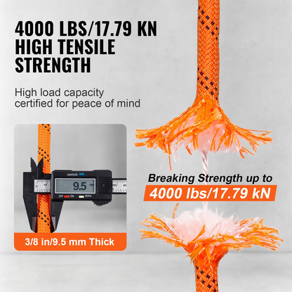 VEVOR Arborist Tree Climbing Rope Double Braid Polyester 3/8"/1 cm x 120'/36.6 m 48-Strand