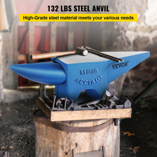 VEVOR Single Horn Anvil 132Lbs/60Kg Cast Steel Anvil Blacksmith for Sale Forge Steel Tools W/ Round And Square Hole and Equipment Anvil Rugged Blacksmith Jewelers Durable and Robust Metal Working