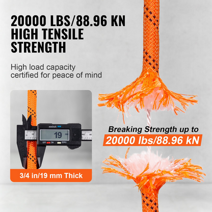 VEVOR Arborist Tree Climbing Rope Double Braid Polyester 3/4"/1.9 cm x 220'/67.1 m 24-Strand