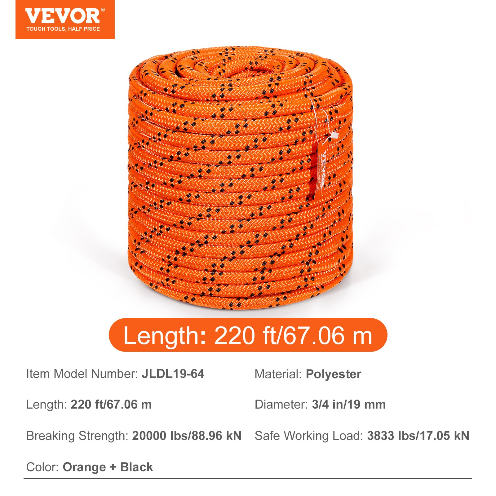 VEVOR Arborist Tree Climbing Rope Double Braid Polyester 3/4"/1.9 cm x 220'/67.1 m 24-Strand