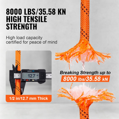 VEVOR Arborist Tree Climbing Rope Double Braid Polyester 1/2"/1.3 cm x 120'/36.6 m 48-Strand