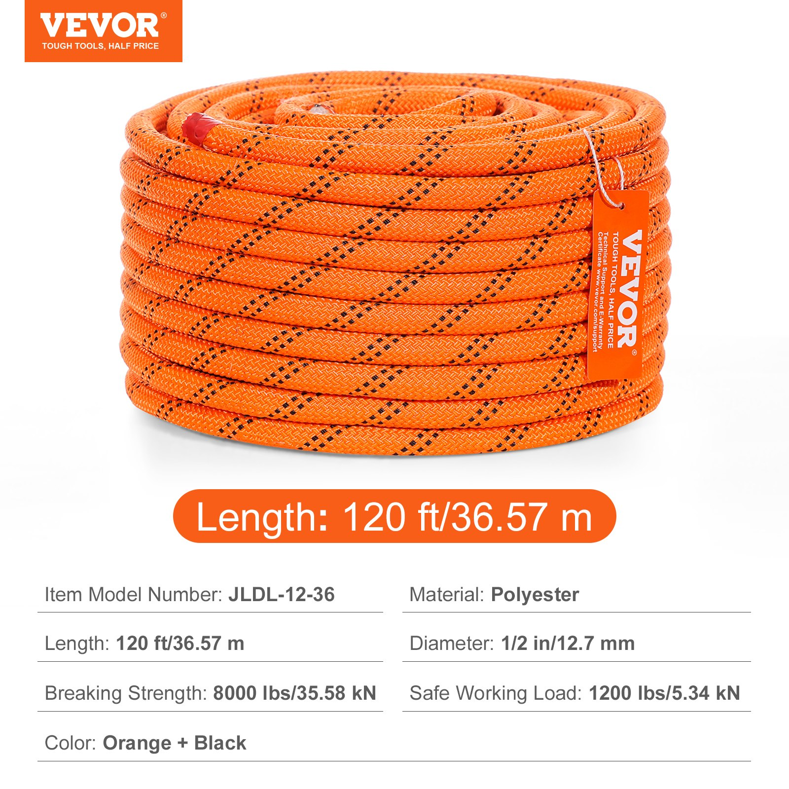 VEVOR Arborist Tree Climbing Rope Double Braid Polyester 1/2"/1.3 cm x 120'/36.6 m 48-Strand