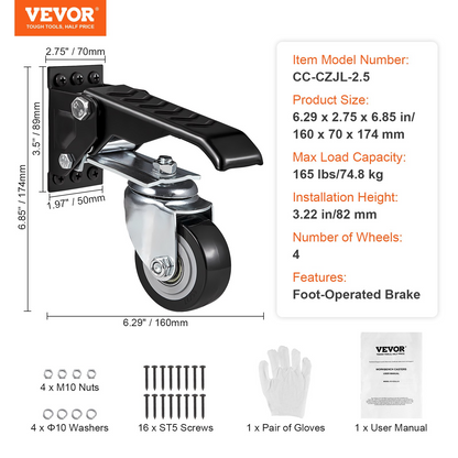 VEVOR Workbench Caster Wheels, 74.8kg Load Capacity, Set of 4, 6.3cm Heavy Duty Retractable Casters, Side Mounted Adjustable Stepdown Wheels with 360° Swivel for Workbenches, Tables, and Equipment